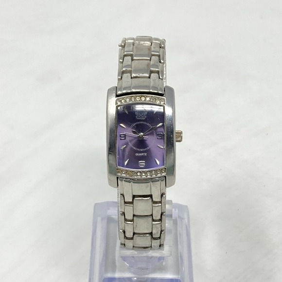 Paolo Tank Watch Women 20mm Silver Tone Purple Dial Crystals Pave New Batt 6.5" - Picture 4 of 16